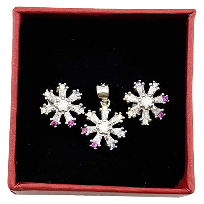 Set Pandativ cu Cercei pentru Dama, Jolie, Argint 925, Model Floare cu Margini Colorate,  4.48 g, 1.5 cm x 1.7 cm, Argintiu/Multicolor