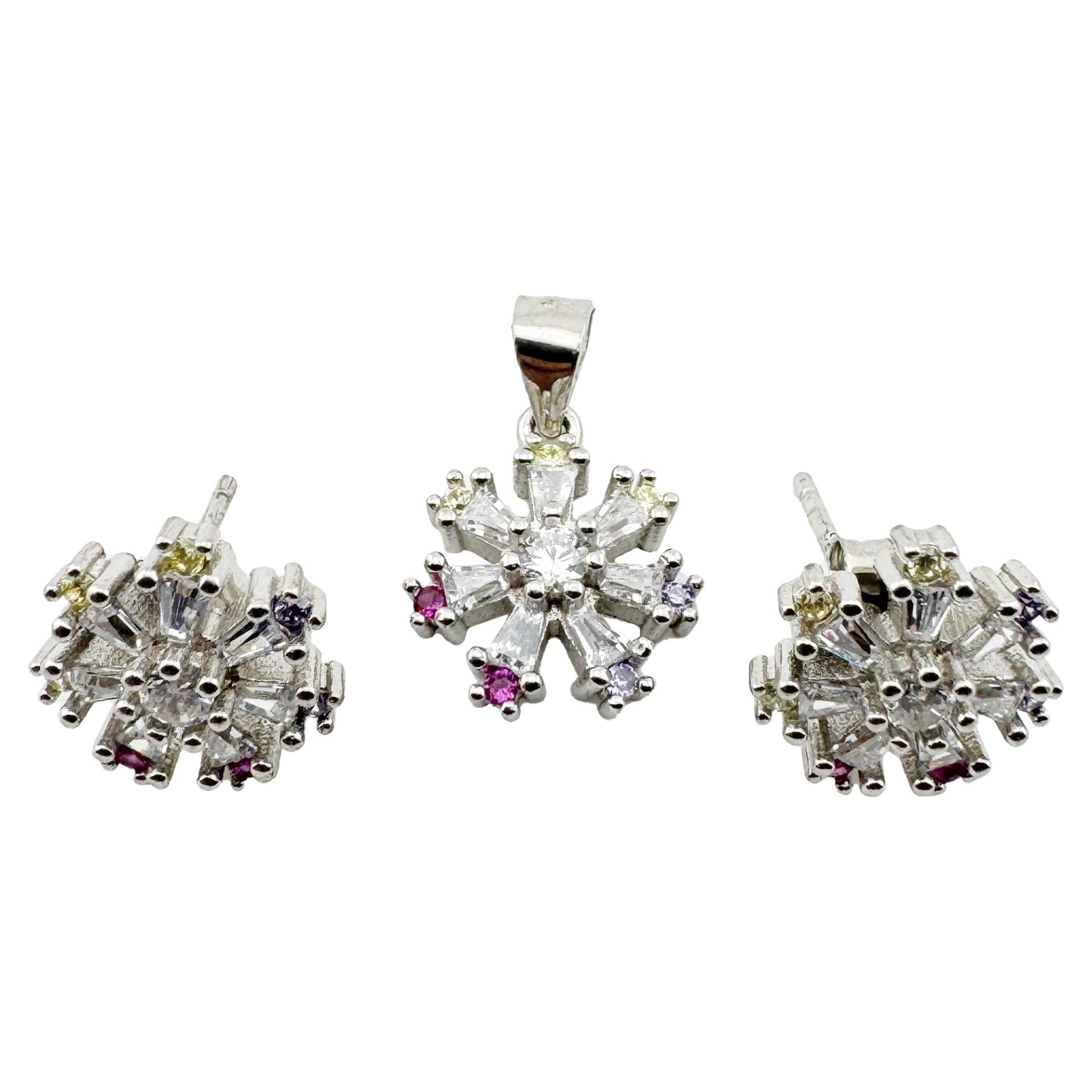 Set Pandativ cu Cercei pentru Dama, Jolie, Argint 925, Model Floare cu Margini Colorate,  4.48 g, 1.5 cm x 1.7 cm, Argintiu/Multicolor