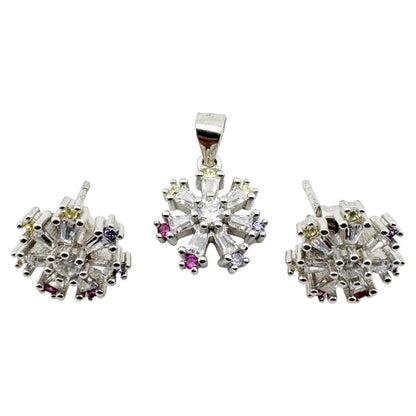 Set Pandativ cu Cercei pentru Dama, Jolie, Argint 925, Model Floare cu Margini Colorate,  4.48 g, 1.5 cm x 1.7 cm, Argintiu/Multicolor