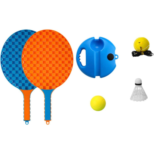 Set Badminton pentru Copii, Klevo, Doua Palete, Fluturas, 2 Mingi, Minge cu Elastic pentru Antrenament, Suport de Prindere Stabil, 41x23 cm, Albastru Portocaliu