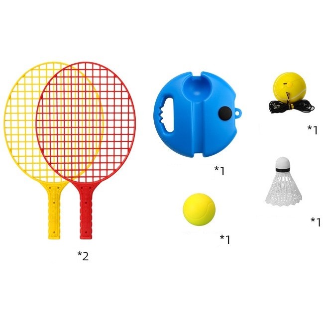 Set Badminton pentru Copii, Klevo, Doua Palete, Fluturas, 2 Mingi, Minge cu Elastic pentru Antrenament, Suport de Prindere Stabil, 40.5x23 cm, Rosu Galben