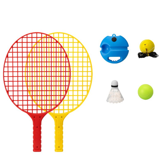 Set Badminton pentru Copii, Klevo, Doua Palete, Fluturas, 2 Mingi, Minge cu Elastic pentru Antrenament, Suport de Prindere Stabil, 40.5x23 cm, Rosu Galben