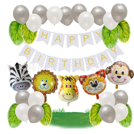 Set baloane aniversare 32 de piese, Klevo, 1 banner HAPPY BIRTHDAY, 5 baloane folie, Figurine Animale, 8 baloane frunza, 18 baloane latex, Gri Alb Multicolor