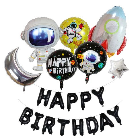 Set baloane aniversare 8 piese, Klevo, tematica HAPPY BIRTHDAY, Figurine Astronaut Racheta, 1 luna, 1 stea, 3 baloane folie, Multicolor