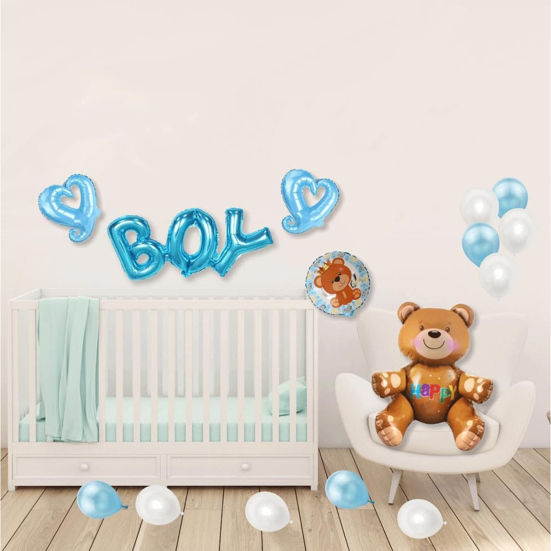 Set 25 Baloane, Klevo, din Latex si Folie de Aluminiu, Model Ursulet/Boy, Diferite Marimi, Albastru