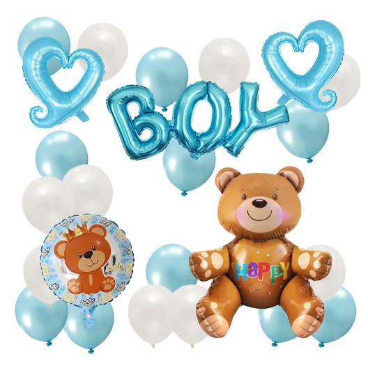 Set 25 Baloane, Klevo, din Latex si Folie de Aluminiu, Model Ursulet/Boy, Diferite Marimi, Albastru