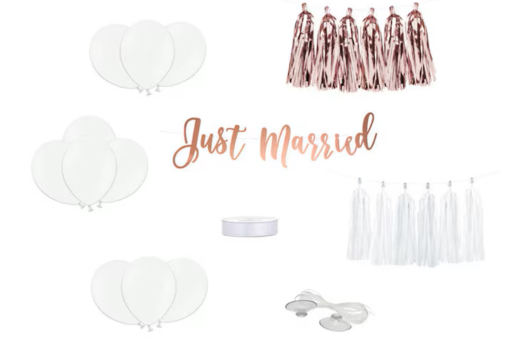 Set baloane/decoratiuni auto, PartyDeco, Model Just married, Alb/Auriu rose