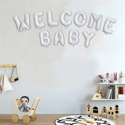 Set Baloane din Folie Metalizata, Klevo, Figurine Litere, Model Welcome Baby, Tema Aniversare, 40 cm, Ambalaj Individual, Pai inclus, Umflare cu Aer sau Heliu, Alb