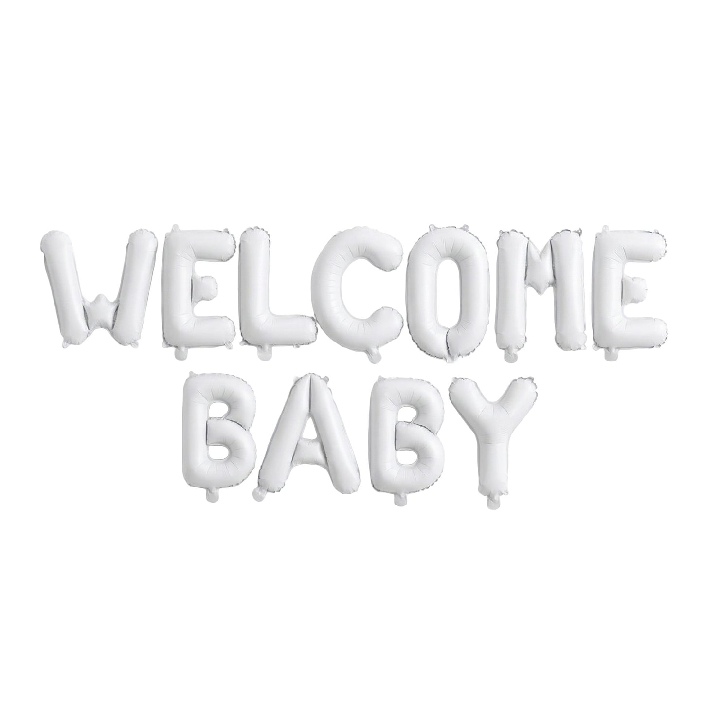 Set Baloane din Folie Metalizata, Klevo, Figurine Litere, Model Welcome Baby, Tema Aniversare, 40 cm, Ambalaj Individual, Pai inclus, Umflare cu Aer sau Heliu, Alb