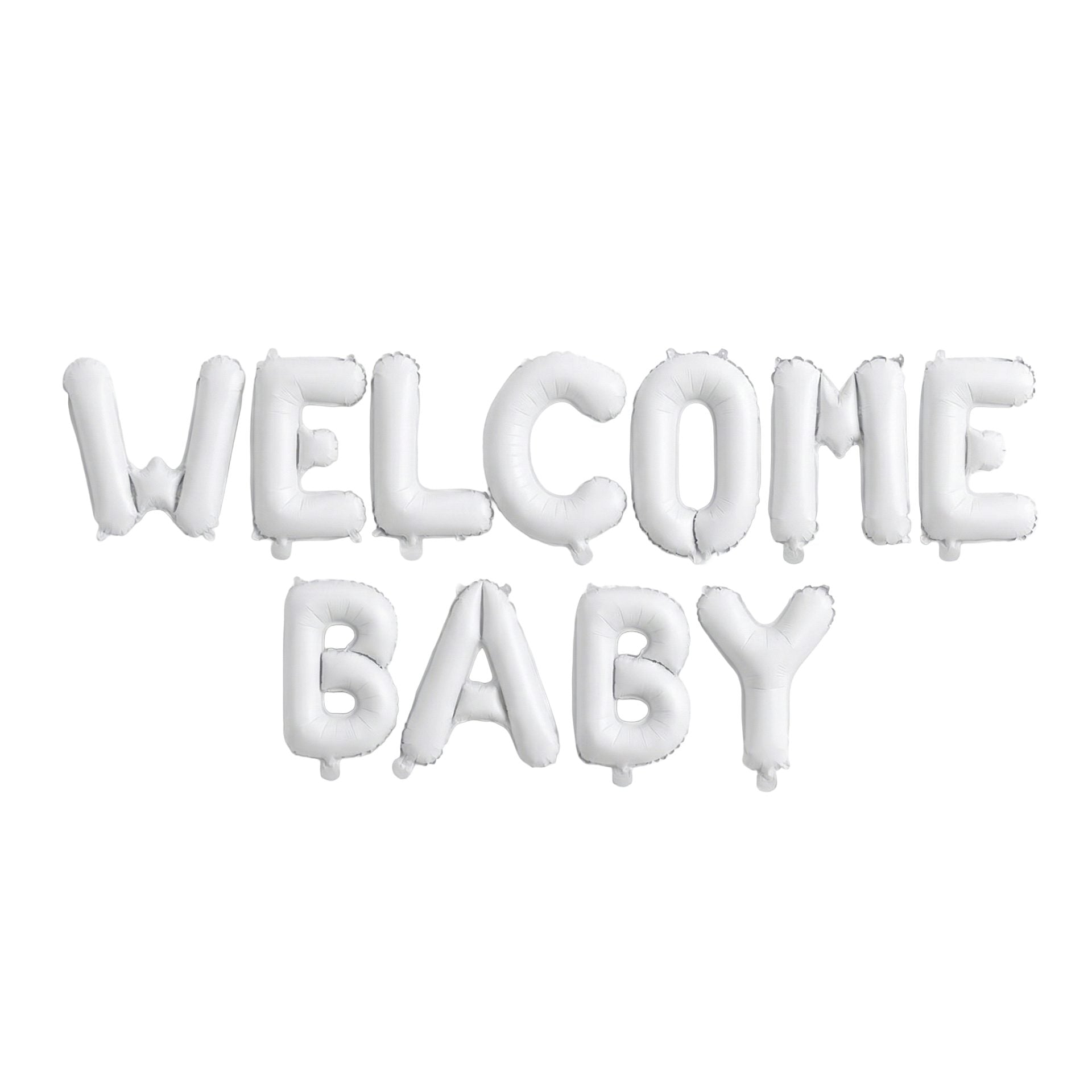 Set Baloane din Folie Metalizata, Klevo, Figurine Litere, Model Welcome Baby, Tema Aniversare, 40 cm, Ambalaj Individual, Pai inclus, Umflare cu Aer sau Heliu, Alb