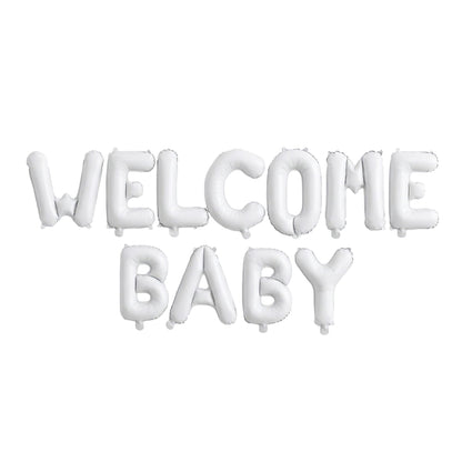Set Baloane din Folie Metalizata, Klevo, Figurine Litere, Model Welcome Baby, Tema Aniversare, 40 cm, Ambalaj Individual, Pai inclus, Umflare cu Aer sau Heliu, Alb