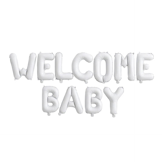 Set Baloane din Folie Metalizata, Klevo, Figurine Litere, Model Welcome Baby, Tema Aniversare, 40 cm, Ambalaj Individual, Pai inclus, Umflare cu Aer sau Heliu, Alb