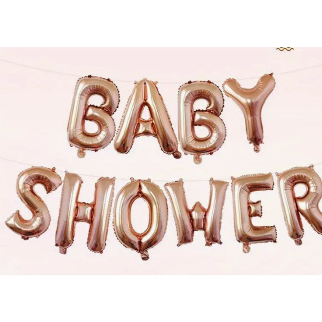 Set Baloane din Folie Metalizata, Klevo, Model Baby Shower, Litere de 40 cm, Baloane Party, Ambalaj Individual, Pai, Ata si Adeziv Incluse, Umflare cu Aer sau Heliu, Rose Gold