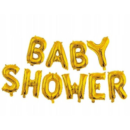 Set Baloane din Folie Metalizata, Klevo, Model Baby Shower, Litere de 40 cm, Baloane Party, Ambalaj Individual, Pai, Ata si Adeziv Incluse, Umflare cu Aer sau Heliu, Auriu