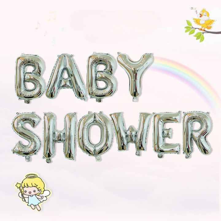 Set Baloane din Folie Metalizata, Klevo, Model Baby Shower, Litere de 40 cm, Baloane Party, Ambalaj Individual, Pai, Ata si Adeziv Incluse, Umflare cu Aer sau Heliu, Argintiu