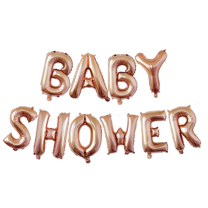Set Baloane din Folie Metalizata, Klevo, Model Baby Shower, Litere de 40 cm, Baloane Party, Ambalaj Individual, Pai, Ata si Adeziv Incluse, Umflare cu Aer sau Heliu, Rose Gold