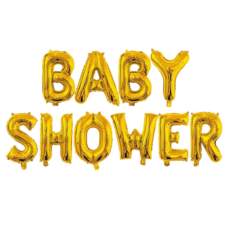 Set Baloane din Folie Metalizata, Klevo, Model Baby Shower, Litere de 40 cm, Baloane Party, Ambalaj Individual, Pai, Ata si Adeziv Incluse, Umflare cu Aer sau Heliu, Auriu