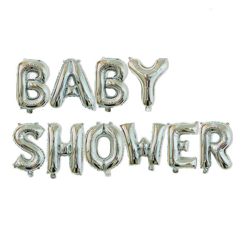 Set Baloane din Folie Metalizata, Klevo, Model Baby Shower, Litere de 40 cm, Baloane Party, Ambalaj Individual, Pai, Ata si Adeziv Incluse, Umflare cu Aer sau Heliu, Argintiu