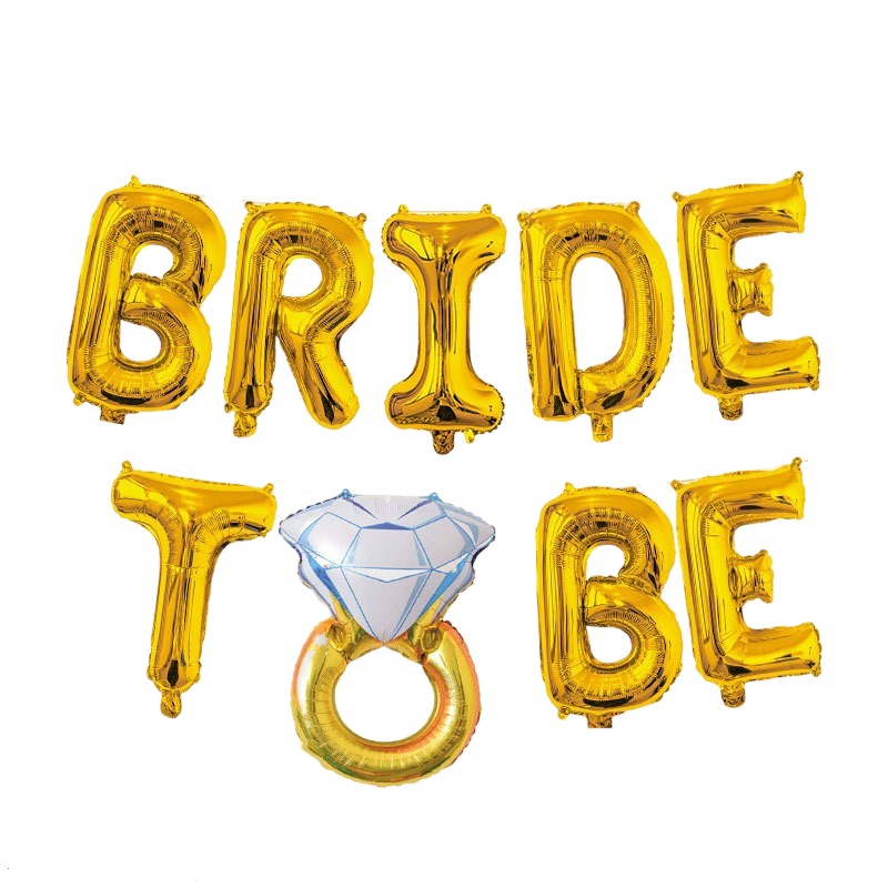 Set Baloane din Folie Metalizata, Klevo, Model Bride to Be cu Inel de Logodna, Litere de 40 cm, Baloane Party, Ambalaj Individual, Pai Inclus, Umflare cu Aer sau Heliu, Auriu