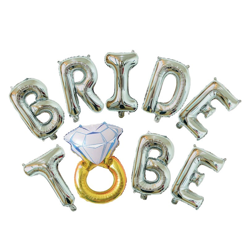 Set Baloane din Folie Metalizata, Klevo, Model Bride to Be cu Inel de Logodna, Litere de 40 cm, Baloane Party, Ambalaj Individual, Pai Inclus, Umflare cu Aer sau Heliu, Argintiu