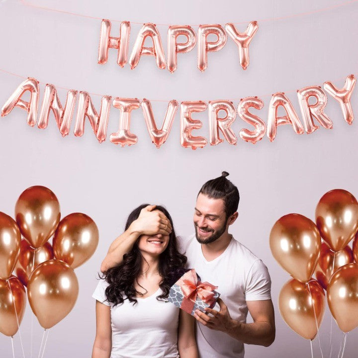 Set Baloane din Folie Metalizata, Klevo, Model Happy Anniversary, Litere de 40 cm, Baloane Party, Ambalaj Individual, Pai Inclus, Umflare cu Aer sau Heliu, Roz