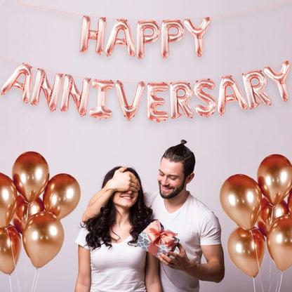 Set Baloane din Folie Metalizata, Klevo, Model Happy Anniversary, Litere de 40 cm, Baloane Party, Ambalaj Individual, Pai Inclus, Umflare cu Aer sau Heliu, Roz