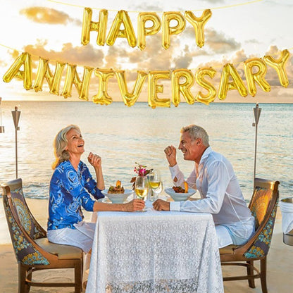Set Baloane din Folie Metalizata, Klevo, Model Happy Anniversary, Litere de 40 cm, Baloane Party, Ambalaj Individual, Pai Inclus, Umflare cu Aer sau Heliu, Auriu