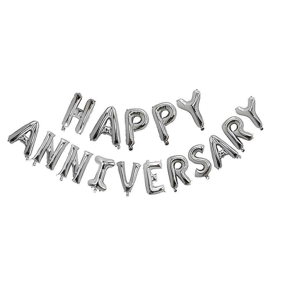 Set Baloane din Folie Metalizată, Klevo, Model Happy Anniversary, Litere de 40 cm, Baloane Party, Ambalaj Individual, Pai inclus, Umflare cu Aer sau Heliu, Argintiu