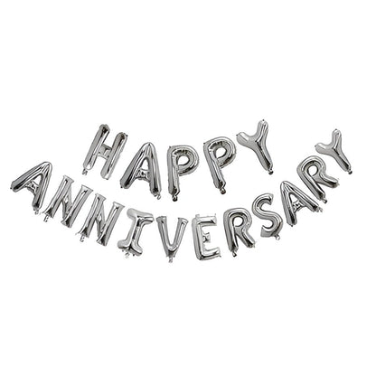 Set Baloane din Folie Metalizată, Klevo, Model Happy Anniversary, Litere de 40 cm, Baloane Party, Ambalaj Individual, Pai inclus, Umflare cu Aer sau Heliu, Argintiu