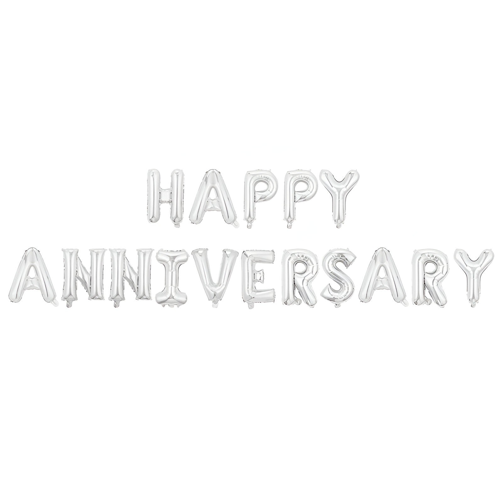 Set Baloane din Folie Metalizată, Klevo, Model Happy Anniversary, Litere de 40 cm, Baloane Party, Ambalaj Individual, Pai inclus, Umflare cu Aer sau Heliu, Argintiu