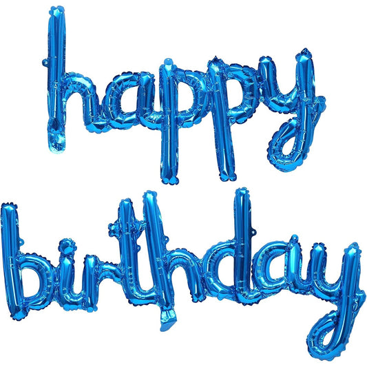 Set Baloane din Folie Metalizata, Klevo, Model Happy Birthday, 45x85 cm, 45x124cm, Baloane Party, Ambalaj Individual, Pai Inclus, Umflare cu Aer sau Heliu, Albastru