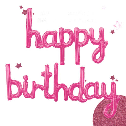 Set Baloane din Folie Metalizata, Klevo, Model Happy Birthday, 45x85 cm, 45x124cm, Baloane Party, Ambalaj Individual, Pai Inclus, Umflare cu Aer sau Heliu, Roz