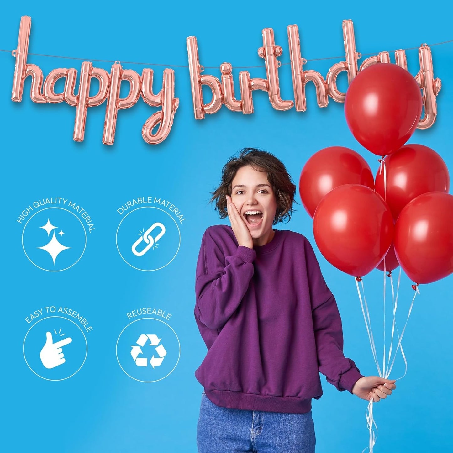 Set Baloane din Folie Metalizata, Klevo, Model Happy Birthday, 45x85 cm, 45x124cm, Baloane Party, Ambalaj Individual, Pai Inclus, Umflare cu Aer sau Heliu, Roz Pal