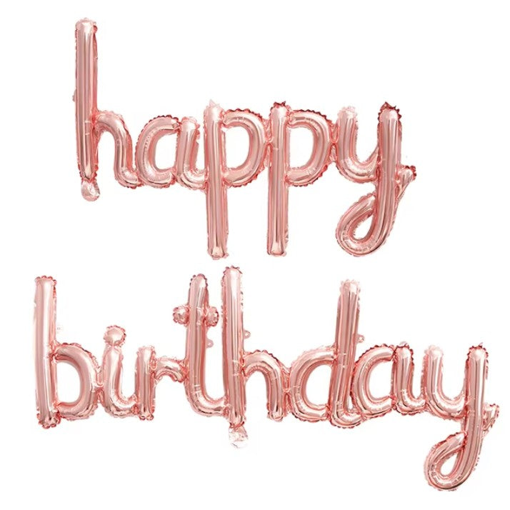 Set Baloane din Folie Metalizata, Klevo, Model Happy Birthday, 45x85 cm, 45x124cm, Baloane Party, Ambalaj Individual, Pai Inclus, Umflare cu Aer sau Heliu, Roz Pal