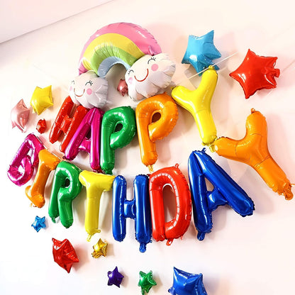 Set Baloane din Folie Metalizata, Klevo, Model Happy Birthday, Litere de 40 cm, Baloane Party, Ambalaj Individual, Pai, Ata si Adeziv Incluse, Umflare cu Aer sau Heliu, Multicolor