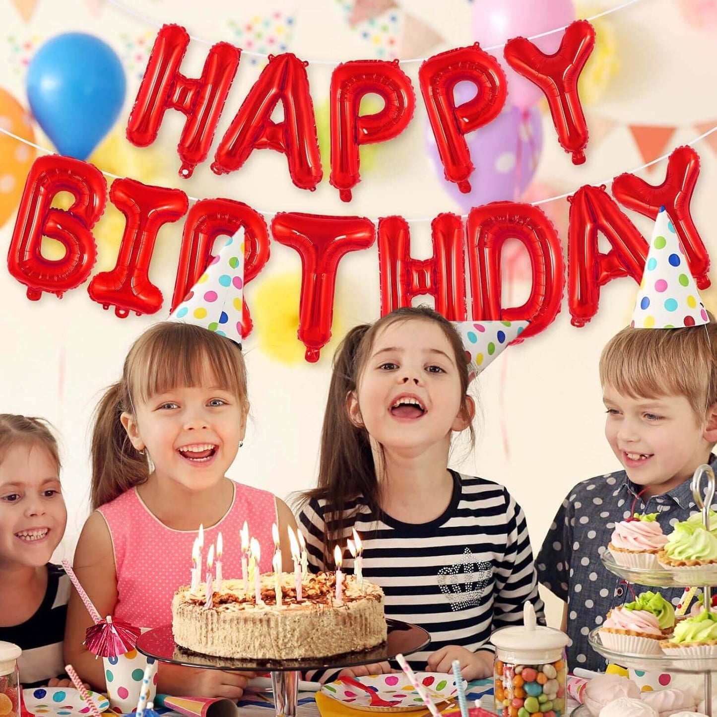 Set Baloane din Folie Metalizata, Klevo, Model Happy Birthday, Litere de 40 cm, Baloane Party, Ambalaj Individual, Pai, Ata si Adeziv Incluse, Umflare cu Aer sau Heliu, Rosu