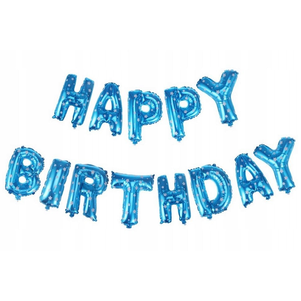 Set Baloane din Folie Metalizata, Klevo, Model Happy Birthday, Litere de 40 cm, Baloane Party, Ambalaj Individual, Pai, Ata si Adeziv Incluse, Umflare cu Aer sau Heliu, Albastru