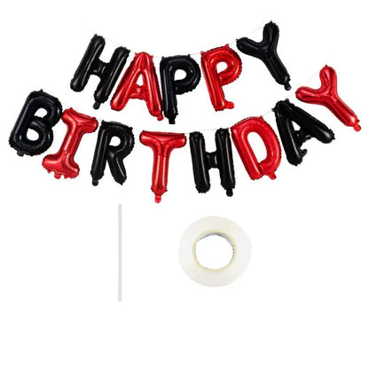 Set Baloane din Folie Metalizata, Klevo, Model Happy Birthday, Litere de 40 cm, Baloane Party, Ambalaj Individual, Pai, Ata si Adeziv Incluse, Umflare cu Aer sau Heliu, Rosu-Negru