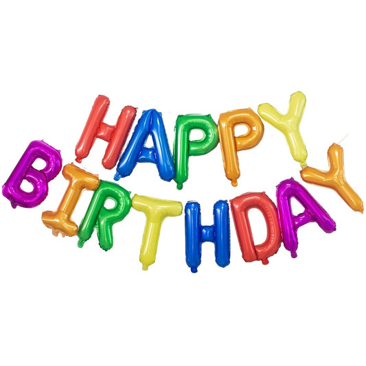 Set Baloane din Folie Metalizata, Klevo, Model Happy Birthday, Litere de 40 cm, Baloane Party, Ambalaj Individual, Pai, Ata si Adeziv Incluse, Umflare cu Aer sau Heliu, Multicolor