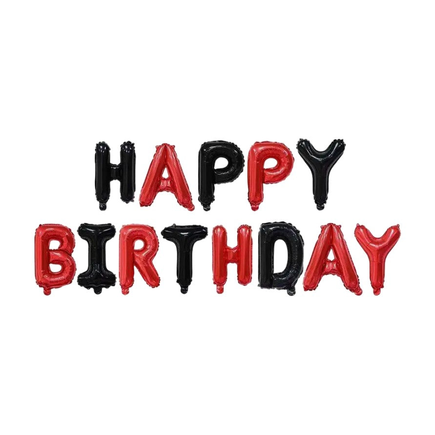 Set Baloane din Folie Metalizata, Klevo, Model Happy Birthday, Litere de 40 cm, Baloane Party, Ambalaj Individual, Pai, Ata si Adeziv Incluse, Umflare cu Aer sau Heliu, Rosu-Negru