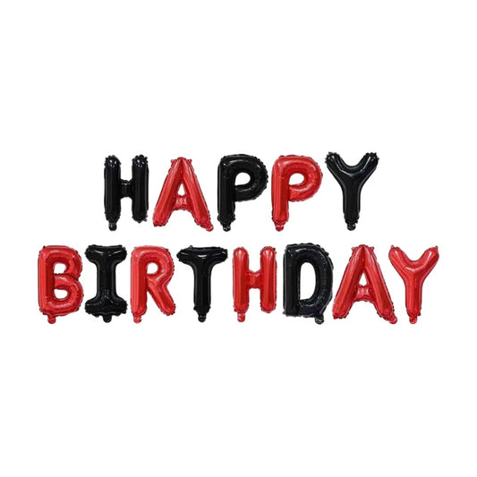 Set Baloane din Folie Metalizata, Klevo, Model Happy Birthday, Litere de 40 cm, Baloane Party, Ambalaj Individual, Pai, Ata si Adeziv Incluse, Umflare cu Aer sau Heliu, Rosu-Negru