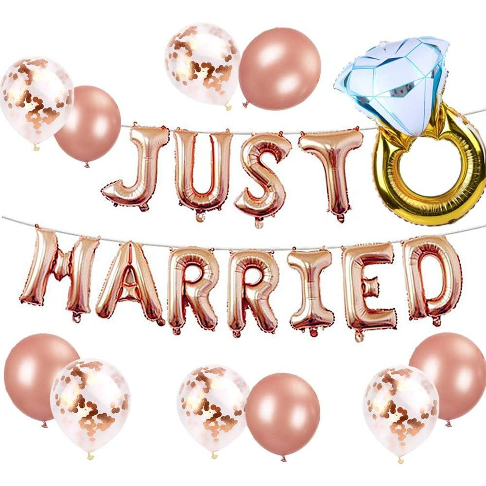 Set Baloane din Folie Metalizata, Klevo, Model Just Married, Litere de 40 cm, Baloane Party, Ambalaj Individual, Pai, Ata si Adeziv Incluse, Umflare cu Aer sau Heliu, Roz