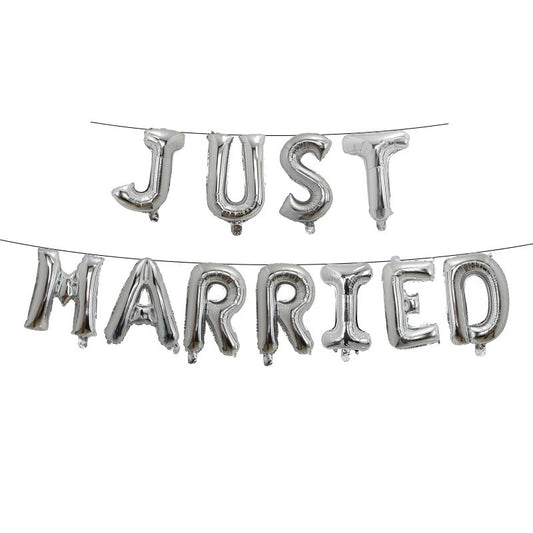 Set Baloane din Folie Metalizata, Klevo, Figurine Litere, Model Just Married, Tema Nunta, 40 cm, Baloane Party, Ambalaj Individual, Pai inclus, Umflare cu Aer sau Heliu, Argintiu