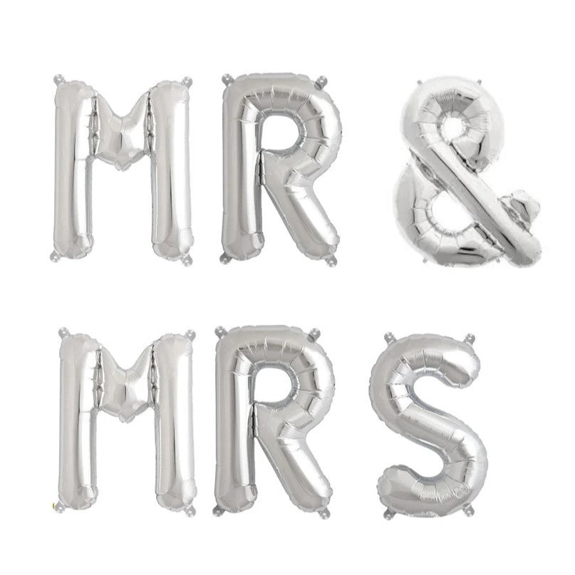Set Baloane din Folie Metalizata, Klevo, Figurine Litere, Model MR&MRS, Tema Nunta, 40 cm, Baloane Party, Ambalaj Individual, Pai inclus, Umflare cu Aer sau Heliu, Argintiu