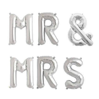 Set Baloane din Folie Metalizata, Klevo, Figurine Litere, Model MR&MRS, Tema Nunta, 40 cm, Baloane Party, Ambalaj Individual, Pai inclus, Umflare cu Aer sau Heliu, Argintiu