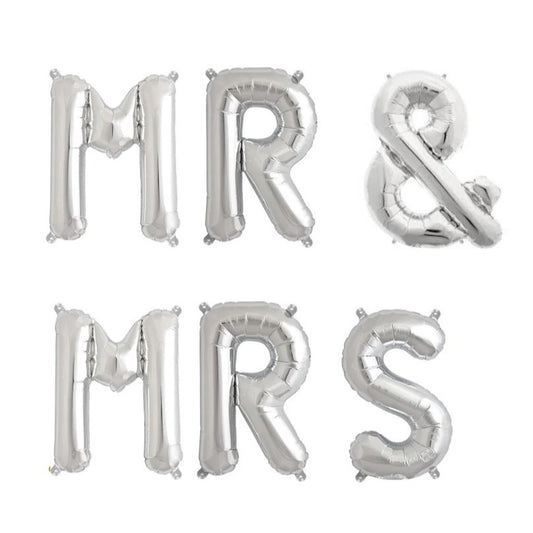 Set Baloane din Folie Metalizata, Klevo, Figurine Litere, Model MR&MRS, Tema Nunta, 40 cm, Baloane Party, Ambalaj Individual, Pai inclus, Umflare cu Aer sau Heliu, Argintiu