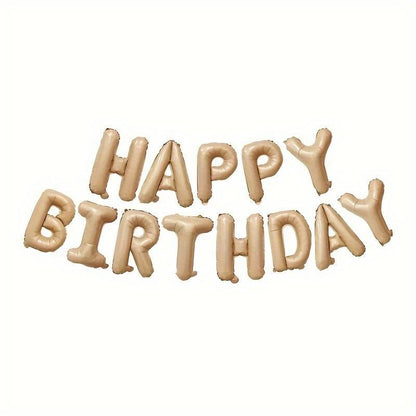 Set 25 de Baloane din Folie Metalizata si Latex, Klevo, Figurine 2 Stele, 4 Baloane Confetti, 13 Litere, 6 Latex, Model Happy Birthday, Tema Aniversare, 40 cm, Ambalaj Individual, Pai Inclus, Umflare cu Aer sau Heliu, Bej