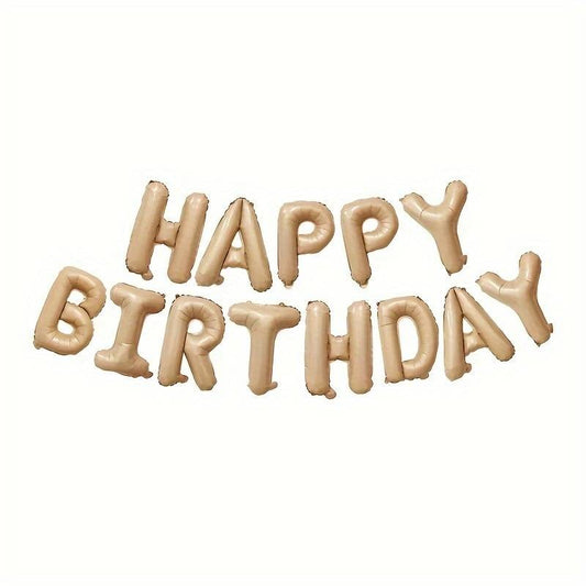 Set 25 de Baloane din Folie Metalizata si Latex, Klevo, Figurine 2 Stele, 4 Baloane Confetti, 13 Litere, 6 Latex, Model Happy Birthday, Tema Aniversare, 40 cm, Ambalaj Individual, Pai Inclus, Umflare cu Aer sau Heliu, Bej