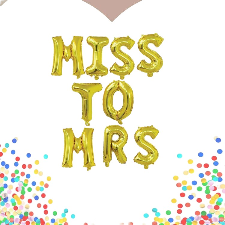 Set Baloane din Folie Metalizata, Klevo, Model Scris Miss to Mrs, Litere de 40 cm, Tema Iubire, Baloane Party, Ambalaj Individual, Pai Inclus, Umflare cu Aer sau Heliu, Auriu