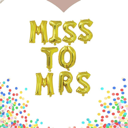 Set Baloane din Folie Metalizata, Klevo, Model Scris Miss to Mrs, Litere de 40 cm, Tema Iubire, Baloane Party, Ambalaj Individual, Pai Inclus, Umflare cu Aer sau Heliu, Auriu